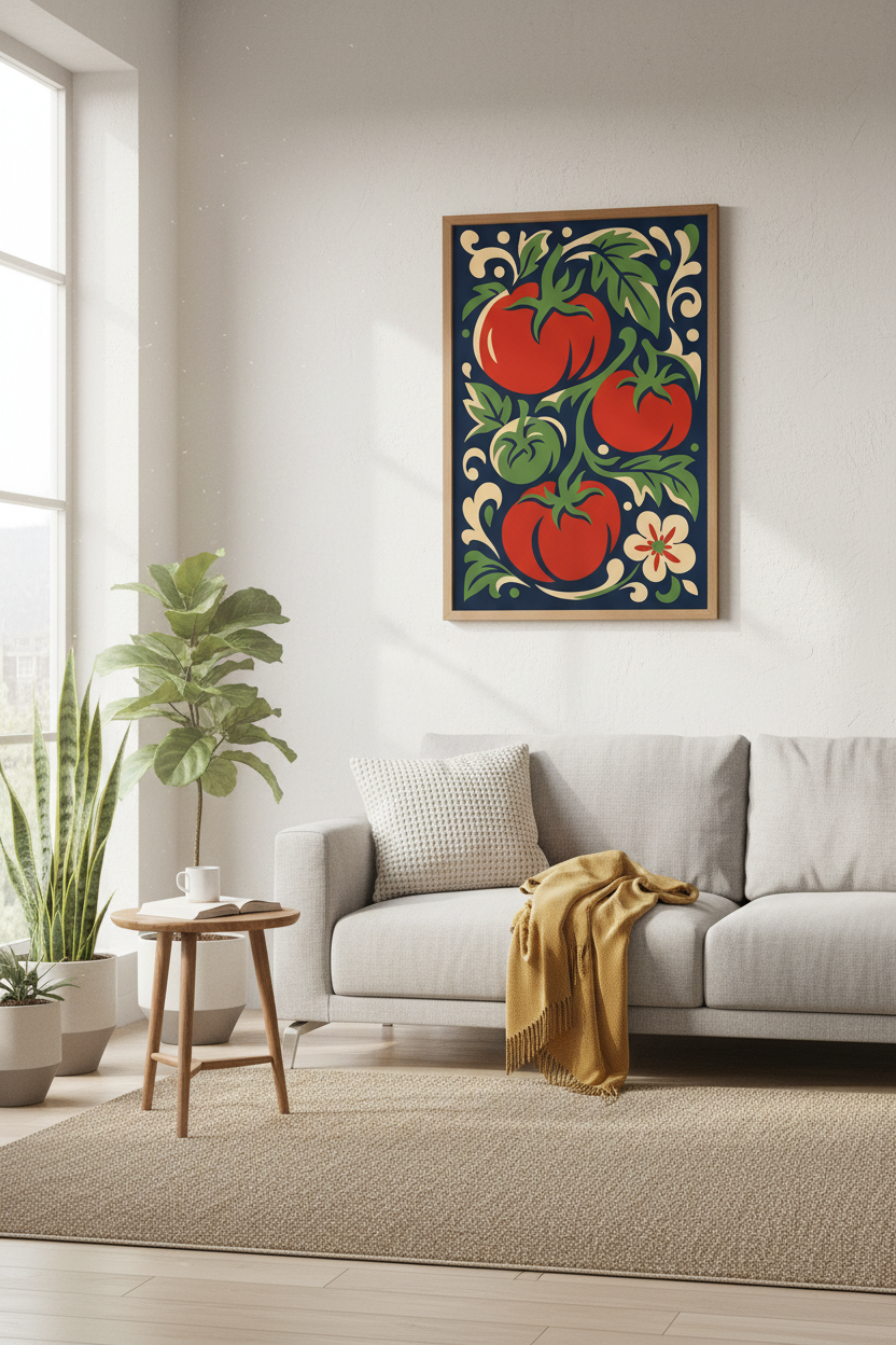 Tomato Botanical Wall Art Print | Navy Kitchen Decor | Vintage Folk Style Poster