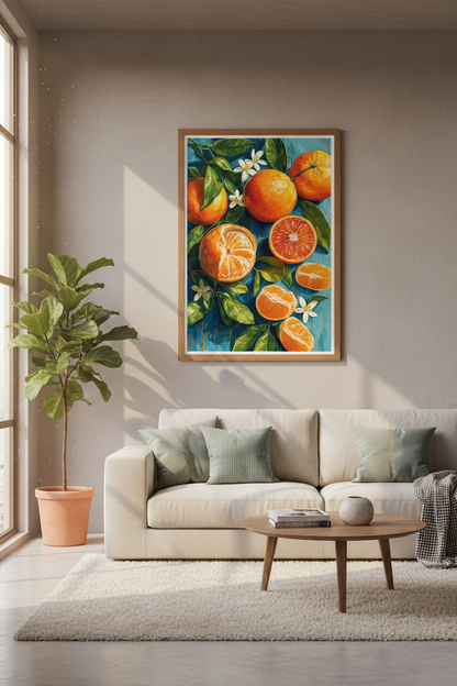 Orange Citrus Fruit Wall Art | Vibrant Teal Kitchen Decor | Mediterranean Style Poster