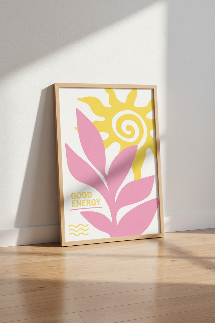 Good Energy Sun Wall Art Print | Pink &amp; Yellow Retro Poster | Modern Boho Decor