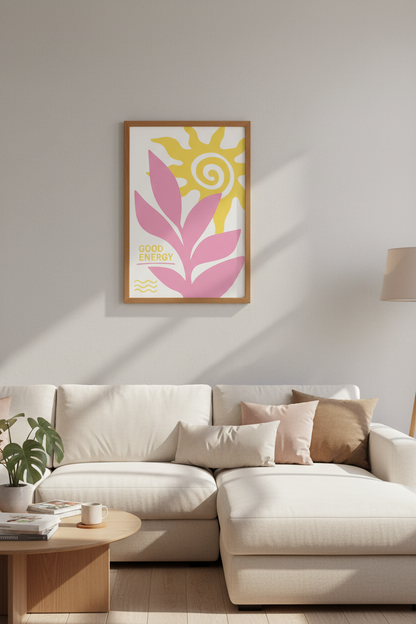 Good Energy Sun Wall Art Print | Pink &amp; Yellow Retro Poster | Modern Boho Decor