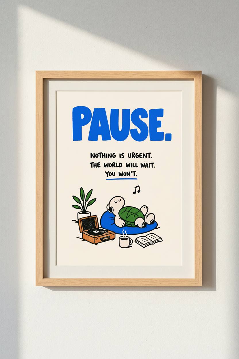 Pause Wall Art | Bold Blue Text, Cozy Living Room Decor
