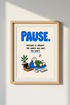 Pause Wall Art | Bold Blue Text, Cozy Living Room Decor