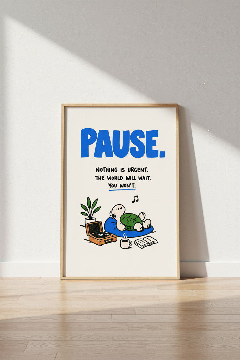 Pause Wall Art | Bold Blue Text, Cozy Living Room Decor