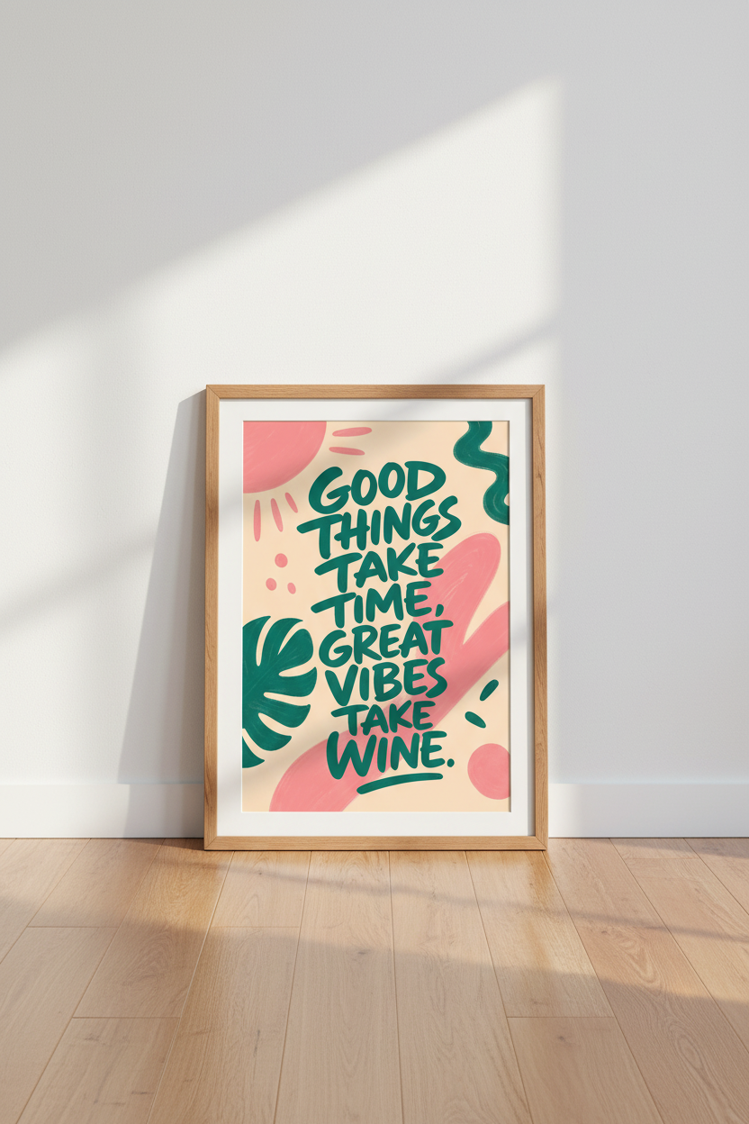 Great Vibes Take Wine | Pink and Green Typographic Print, Kitchen Bar Decor