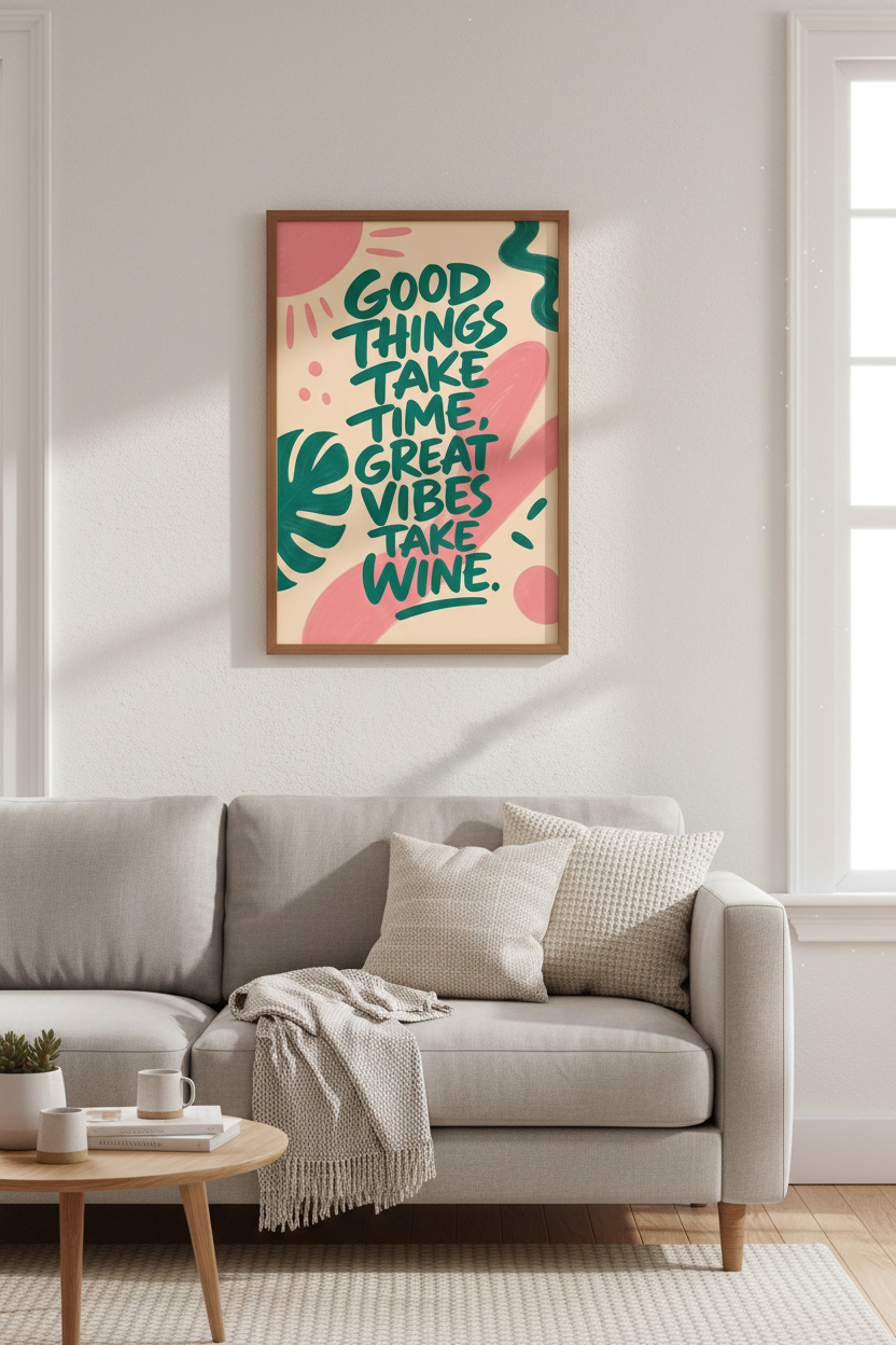 Great Vibes Take Wine | Pink and Green Typographic Print, Kitchen Bar Decor