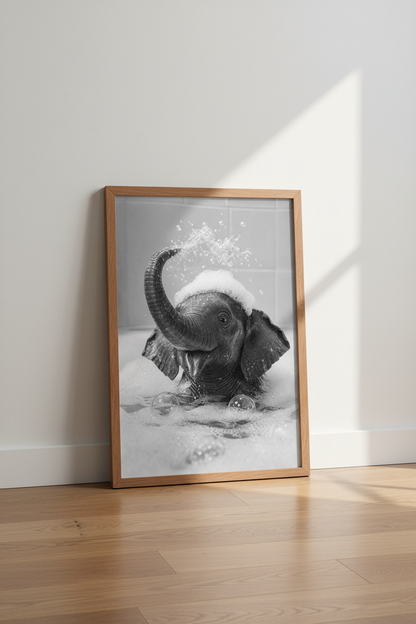 Baby Elephant Bathtub Wall Art | Black White Nursery Decor | Funny Bathroom Poster