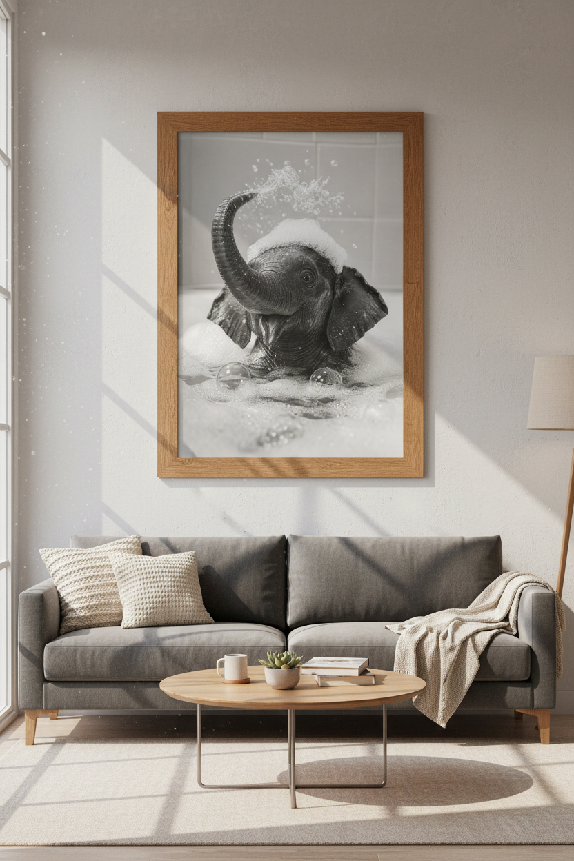 Baby Elephant Bathtub Wall Art | Black White Nursery Decor | Funny Bathroom Poster