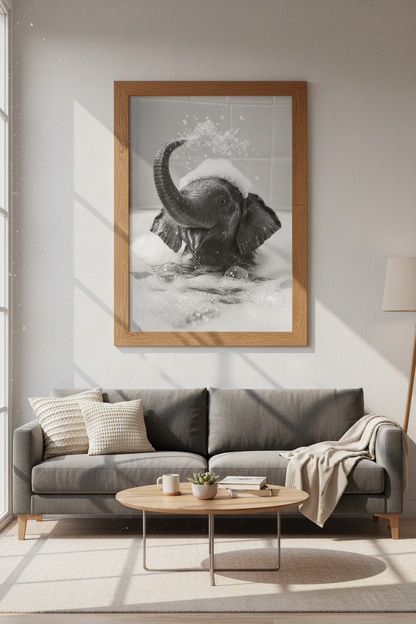 Baby Elephant Bathtub Wall Art | Black White Nursery Decor | Funny Bathroom Poster