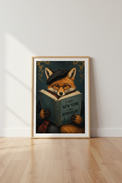 Fox Reading Art Print | Dark Academia Library Decor | Whimsical Animal Poster