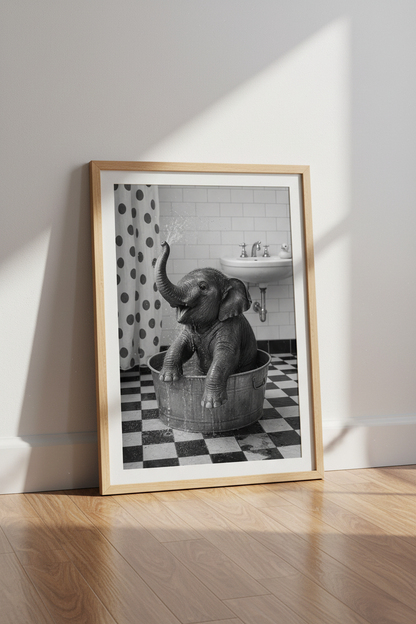 Baby Elephant in Bathtub Wall Art | Black and White Bathroom Decor | Animal Poster