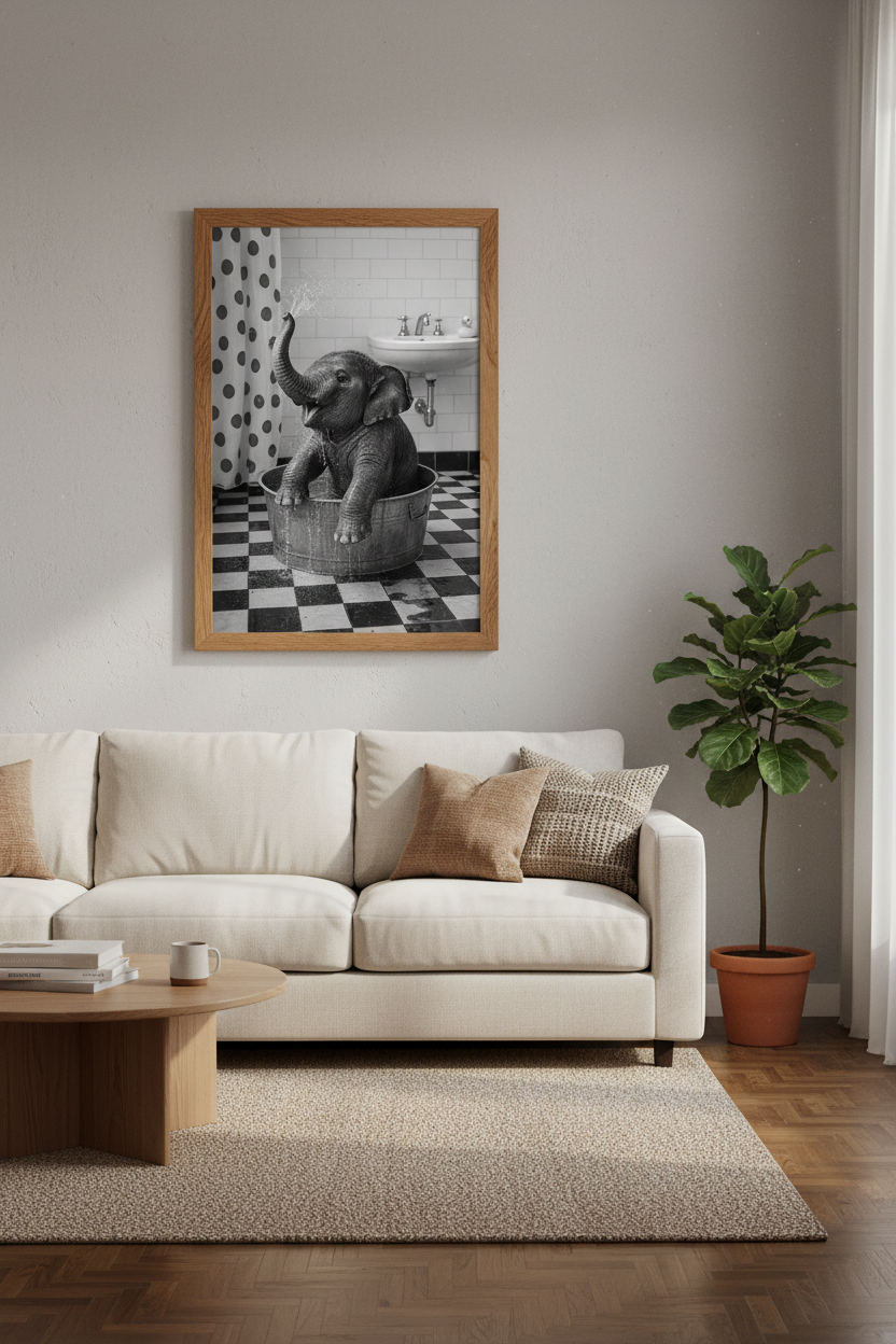 Baby Elephant in Bathtub Wall Art | Black and White Bathroom Decor | Animal Poster