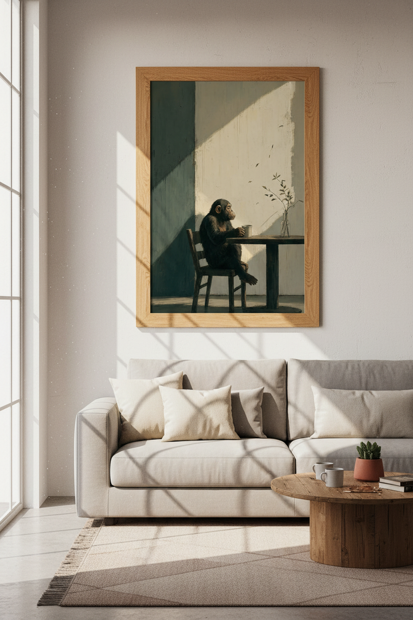 Chimpanzee Coffee Wall Art | Minimalist Primate Poster, Kitchen &amp; Study Decor