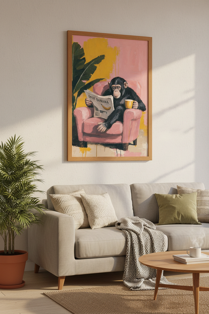 Chimpanzee Reading Newspaper Wall Art | Pink Eclectic Decor | Fun Monkey Poster