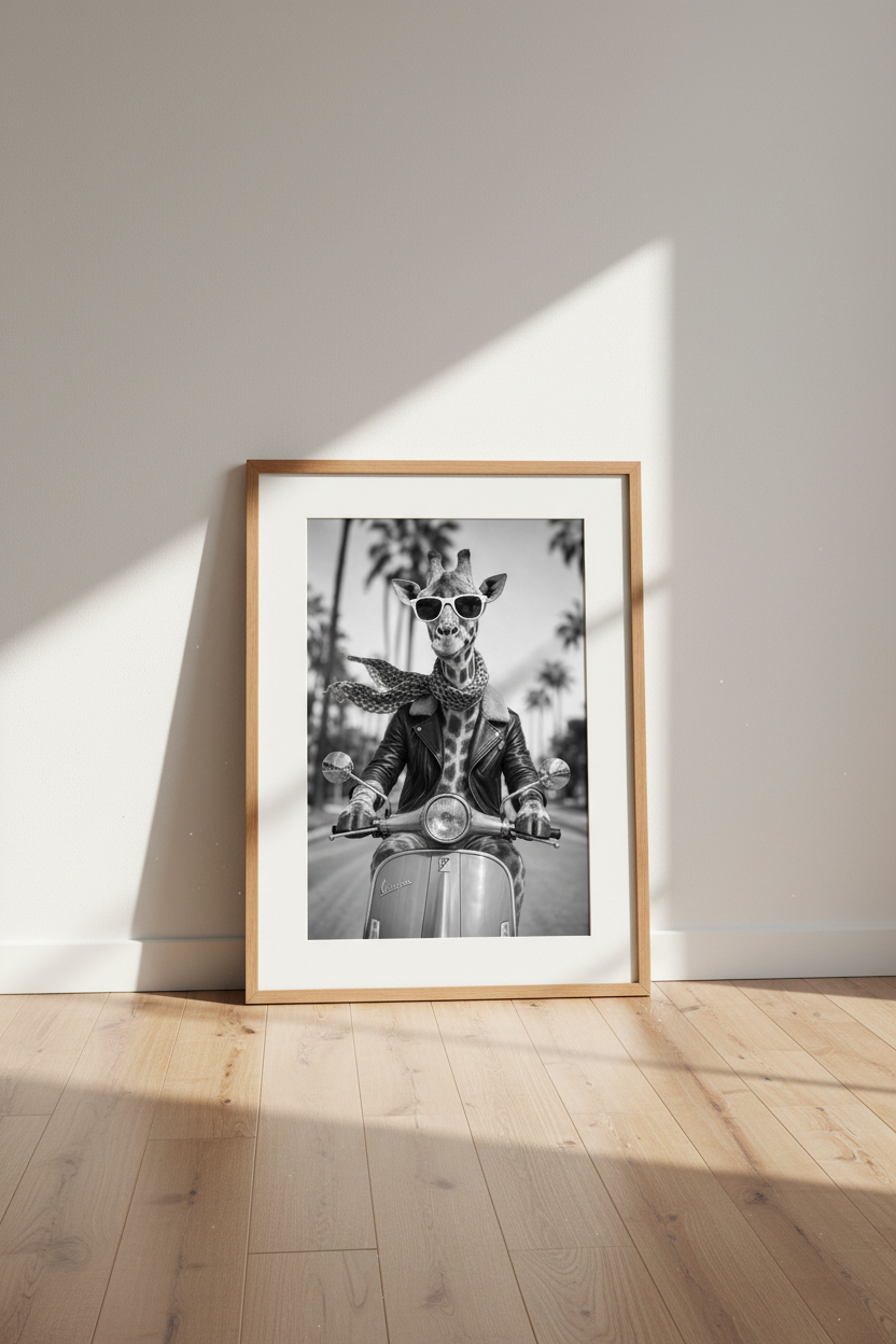 Giraffe on Scooter Wall Art | Black and White Animal Decor | Cool Aesthetic Poster