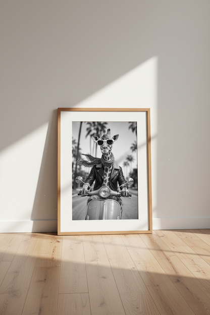 Giraffe on Scooter Wall Art | Black and White Animal Decor | Cool Aesthetic Poster