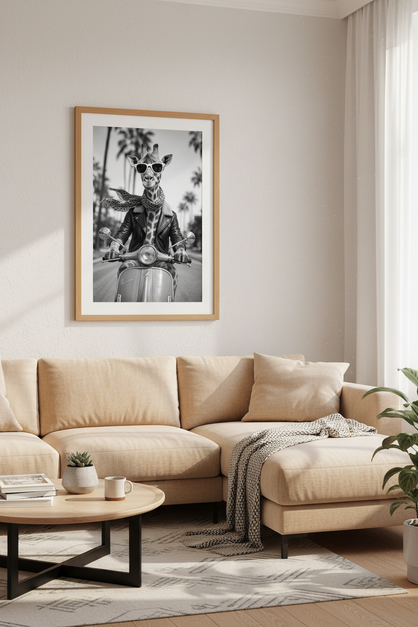 Giraffe on Scooter Wall Art | Black and White Animal Decor | Cool Aesthetic Poster