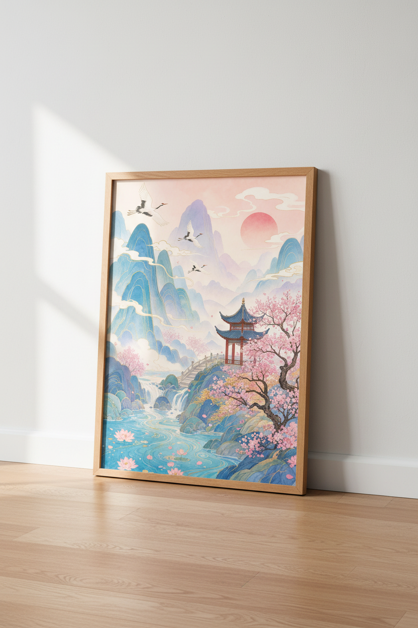 Japanese Crane Landscape Wall Art | Pastel Pagoda &amp; Cherry Blossoms, Zen Home Decor
