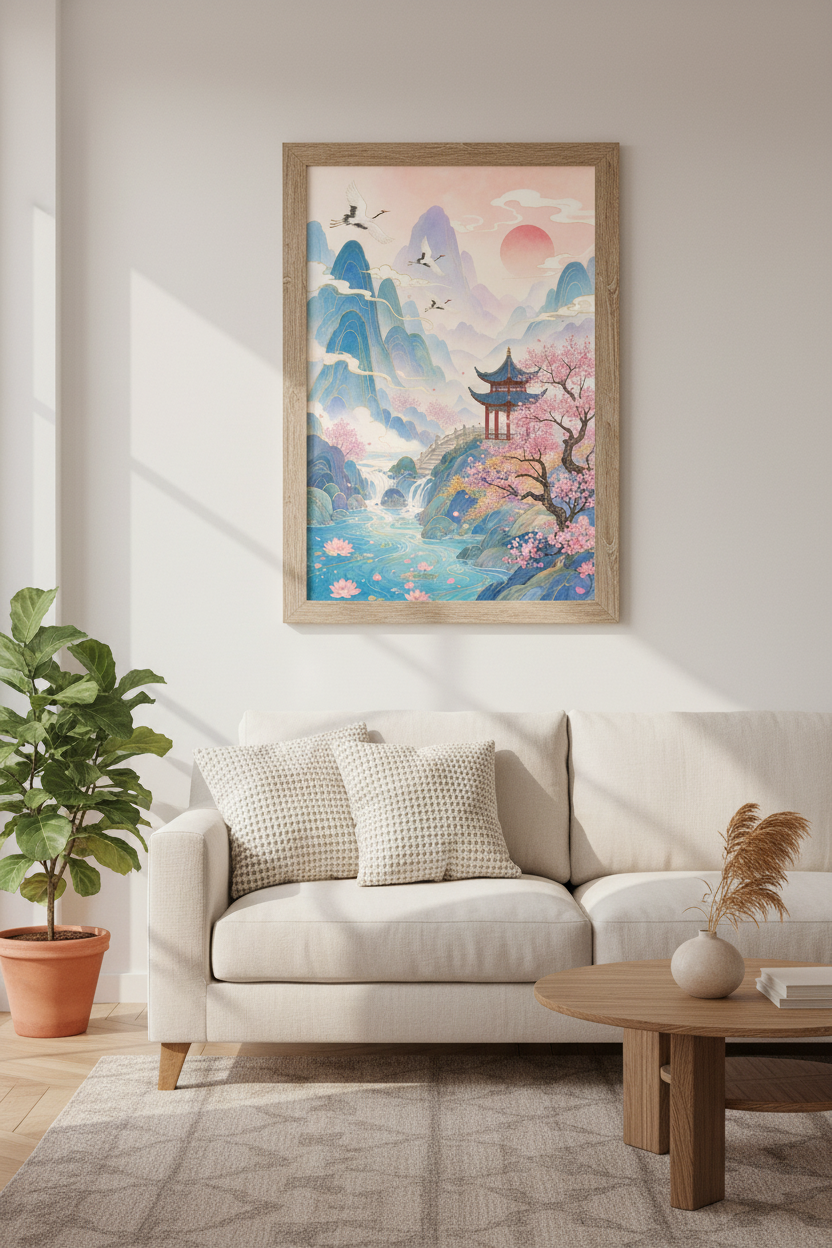 Japanese Crane Landscape Wall Art | Pastel Pagoda &amp; Cherry Blossoms, Zen Home Decor