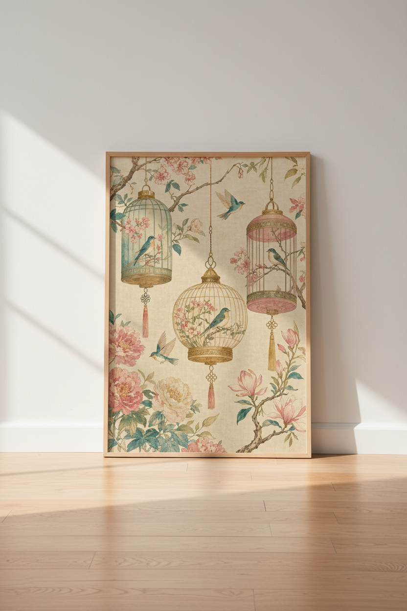 Chinoiserie Birdcage Wall Art | Vintage Floral &amp; Bird Print, Living Room Decor