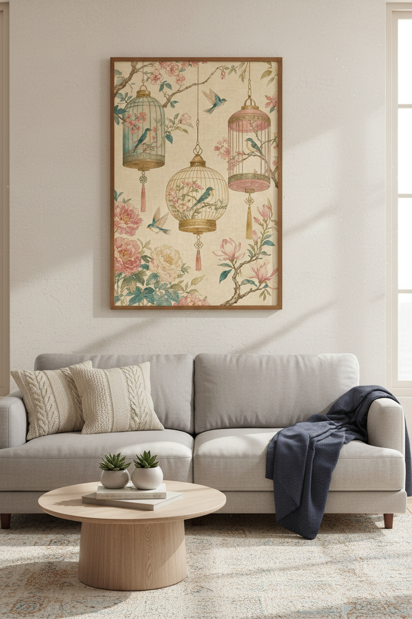 Chinoiserie Birdcage Wall Art | Vintage Floral &amp; Bird Print, Living Room Decor
