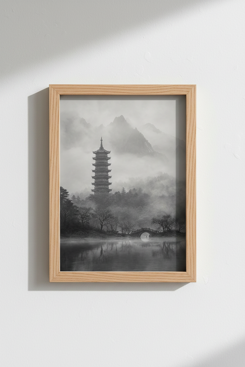 Zen Landscape Wall Art Print | Foggy Mountain Pagoda, Minimalist Asian Decor