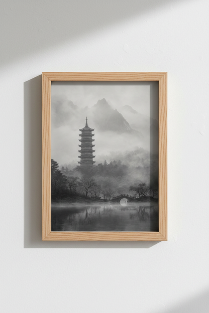 Zen Landscape Wall Art Print | Foggy Mountain Pagoda, Minimalist Asian Decor
