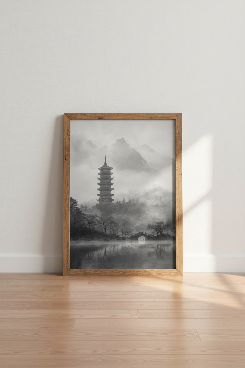 Zen Landscape Wall Art Print | Foggy Mountain Pagoda, Minimalist Asian Decor