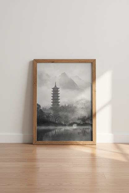 Zen Landscape Wall Art Print | Foggy Mountain Pagoda, Minimalist Asian Decor