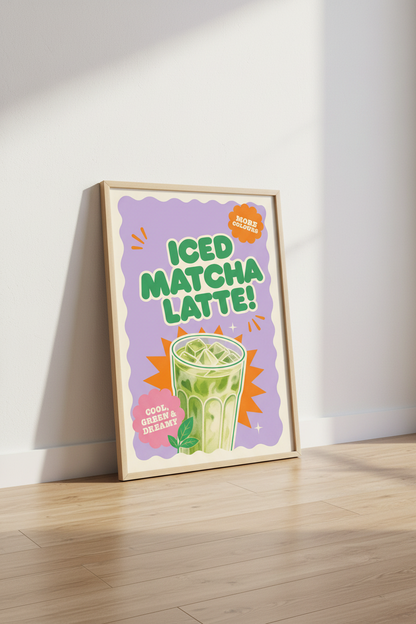 Iced Matcha Latte Wall Art Print | Retro Kitchen Decor | Pastel Aesthetic Poster