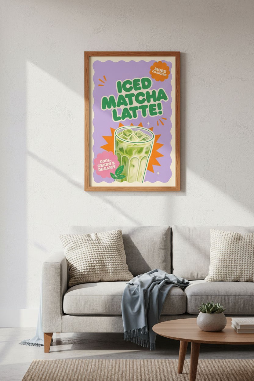 Iced Matcha Latte Wall Art Print | Retro Kitchen Decor | Pastel Aesthetic Poster