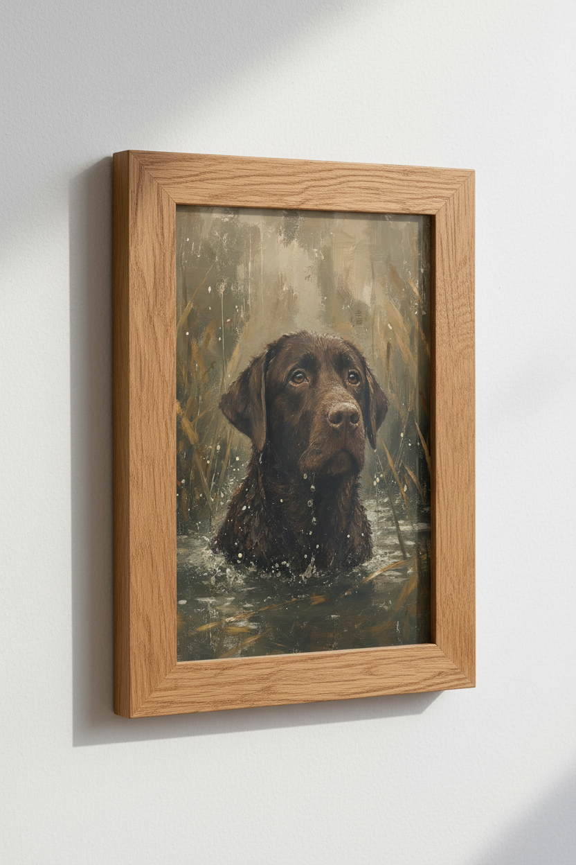 Chocolate Labrador Oil Painting | Rustic Dog Wall Art Print, Cabin Decor Poster