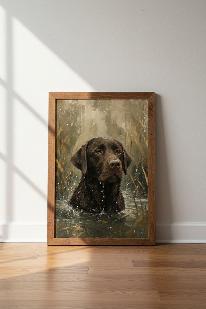 Chocolate Labrador Oil Painting | Rustic Dog Wall Art Print, Cabin Decor Poster