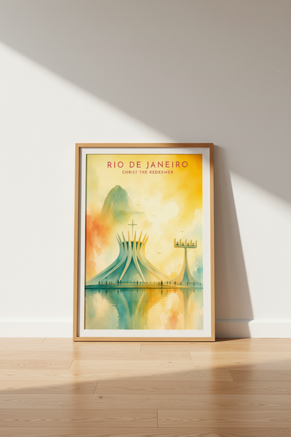 Rio de Janeiro Architecture | Watercolor Yellow &amp; Teal Print, Modern Travel Art