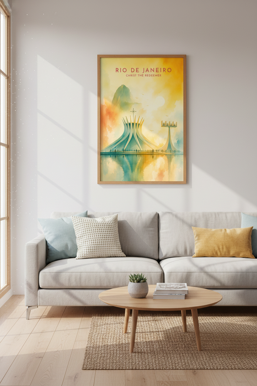 Rio de Janeiro Architecture | Watercolor Yellow &amp; Teal Print, Modern Travel Art