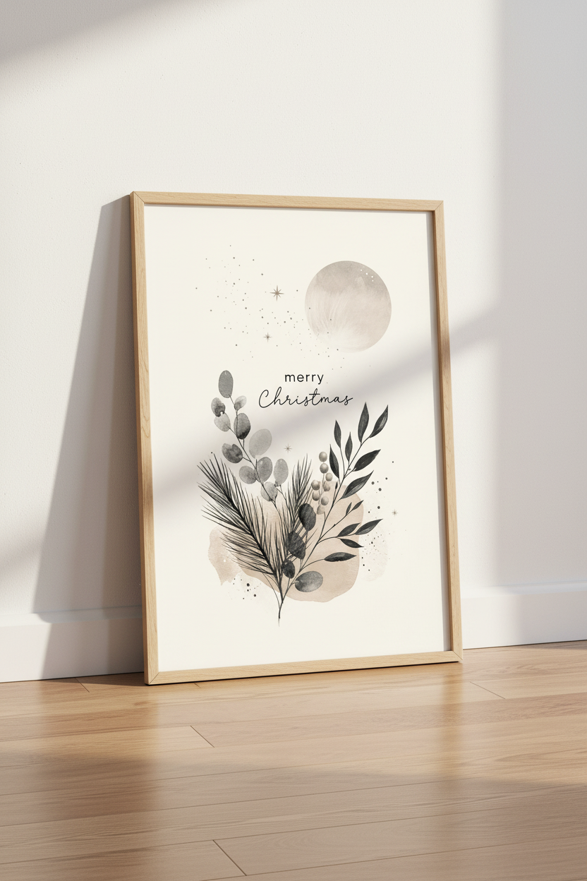 Merry Christmas Botanical Wall Art | Minimalist Boho Winter Decor, Neutral Poster