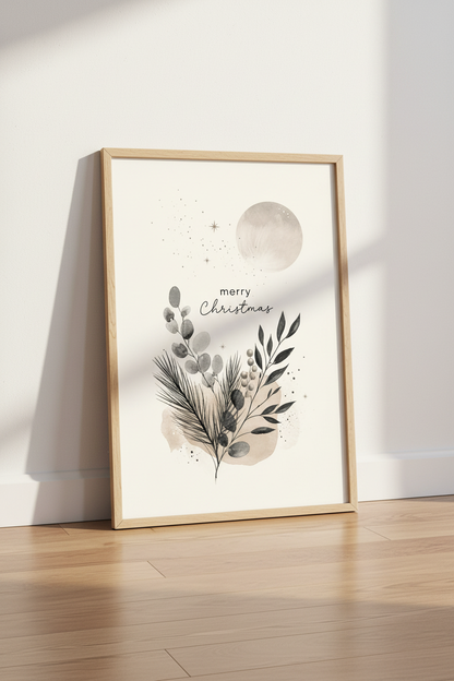 Merry Christmas Botanical Wall Art | Minimalist Boho Winter Decor, Neutral Poster