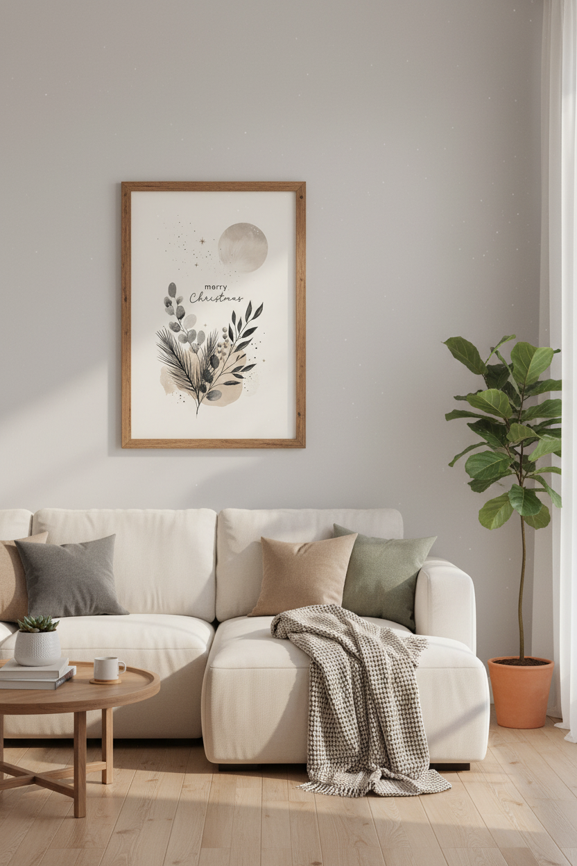 Merry Christmas Botanical Wall Art | Minimalist Boho Winter Decor, Neutral Poster
