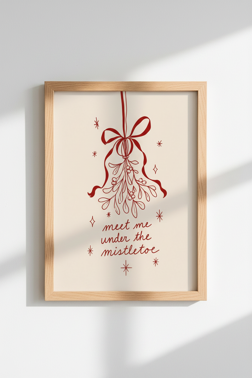 Christmas Mistletoe Print | Festive Red Holiday Decor | Minimalist Poster