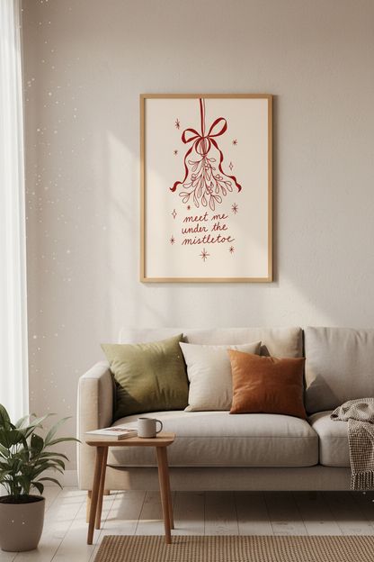 Christmas Mistletoe Print | Festive Red Holiday Decor | Minimalist Poster