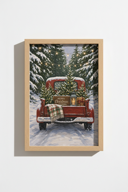 Christmas Truck Art | Vintage Red Pickup, Rustic Winter Snowy Forest Poster