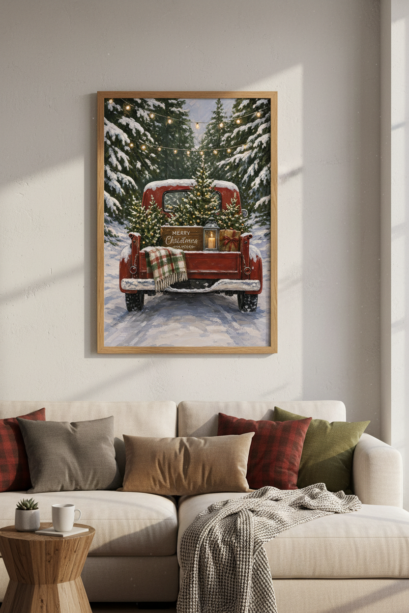 Christmas Truck Art | Vintage Red Pickup, Rustic Winter Snowy Forest Poster