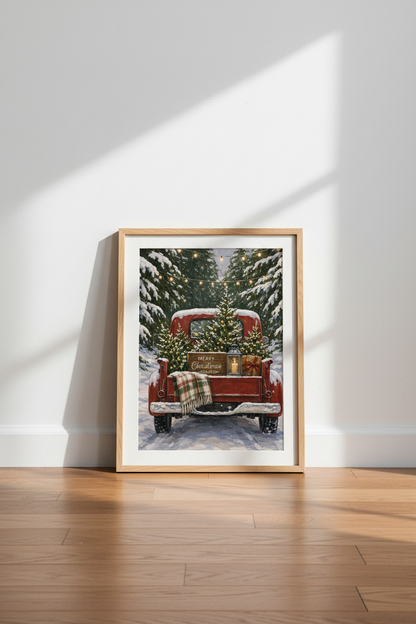 Christmas Truck Art | Vintage Red Pickup, Rustic Winter Snowy Forest Poster