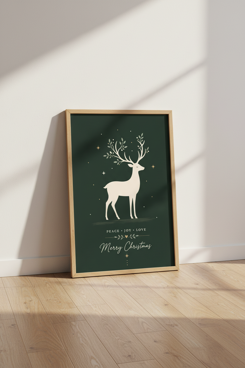 Christmas Reindeer Wall Art | Minimalist Forest Green Poster | Scandi Holiday Decor