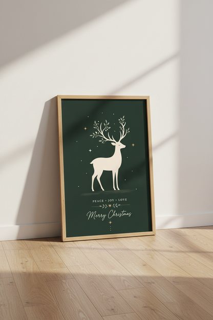 Christmas Reindeer Wall Art | Minimalist Forest Green Poster | Scandi Holiday Decor