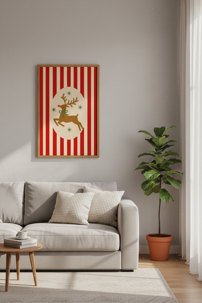 Reindeer Christmas Print | Red Striped Scandi Decor | Retro Holiday Poster