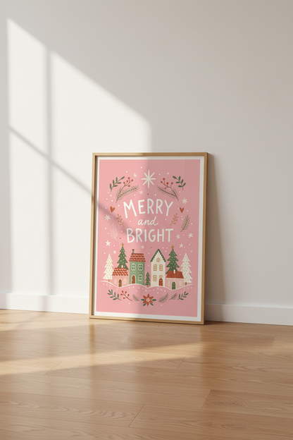 Merry and Bright Pink Christmas Village Wall Art | Holiday Decor | Pastel Poster