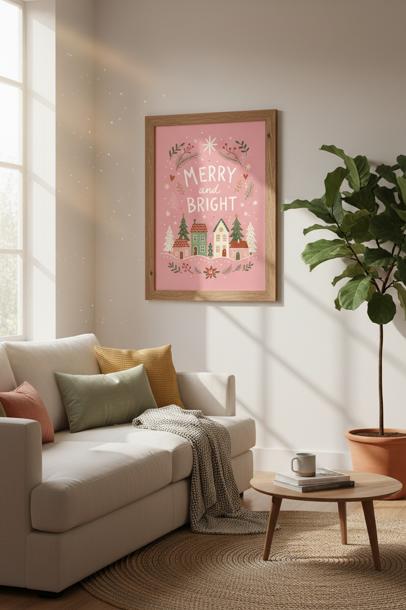 Merry and Bright Pink Christmas Village Wall Art | Holiday Decor | Pastel Poster