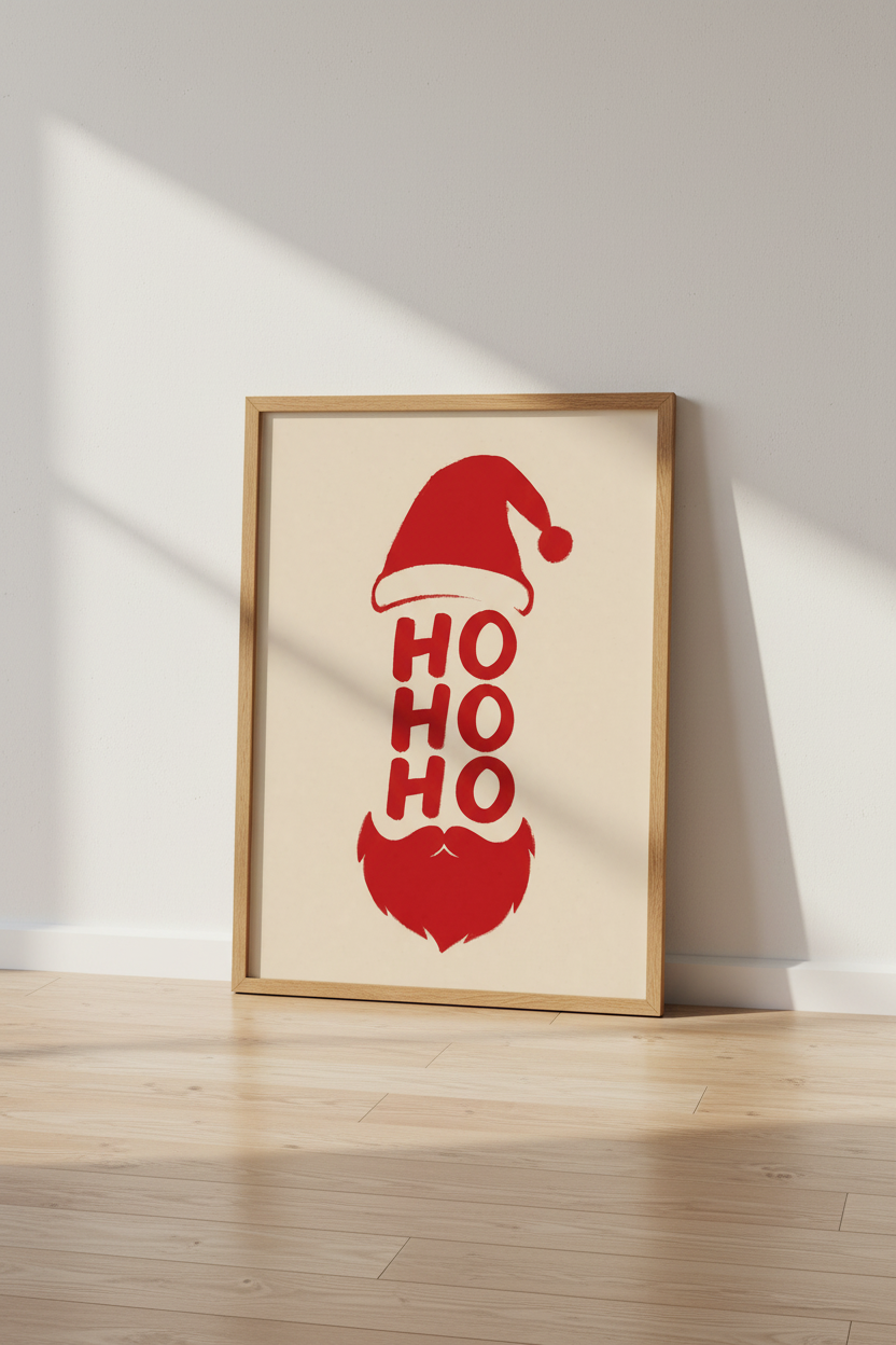 Ho Ho Ho Santa Claus Wall Art | Red Minimalist Christmas Decor | Festive Poster
