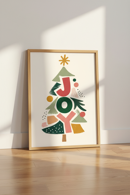 Joy Christmas Tree Wall Art | Modern Abstract Holiday Decor | Boho Festive Poster