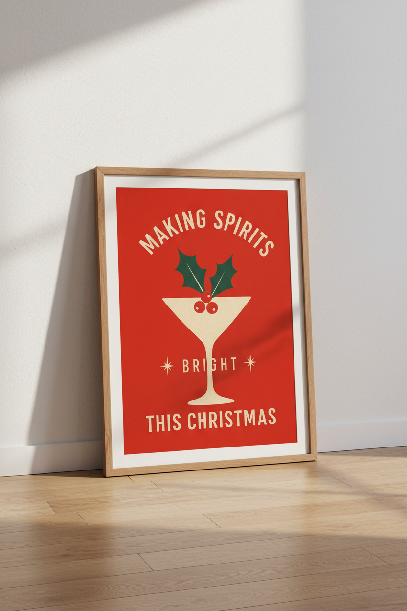 Retro Christmas Cocktail Wall Art | Mid Century Modern Bar Decor | Festive Poster